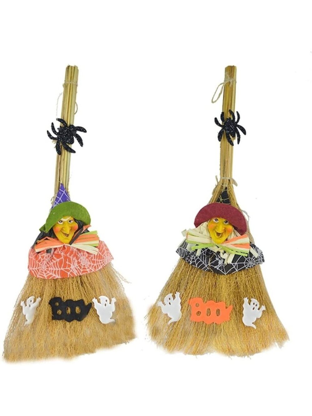 Halloween Kitchen Witches 12" Hanging Brooms Boo Spiders & Ghosts Set Of 2